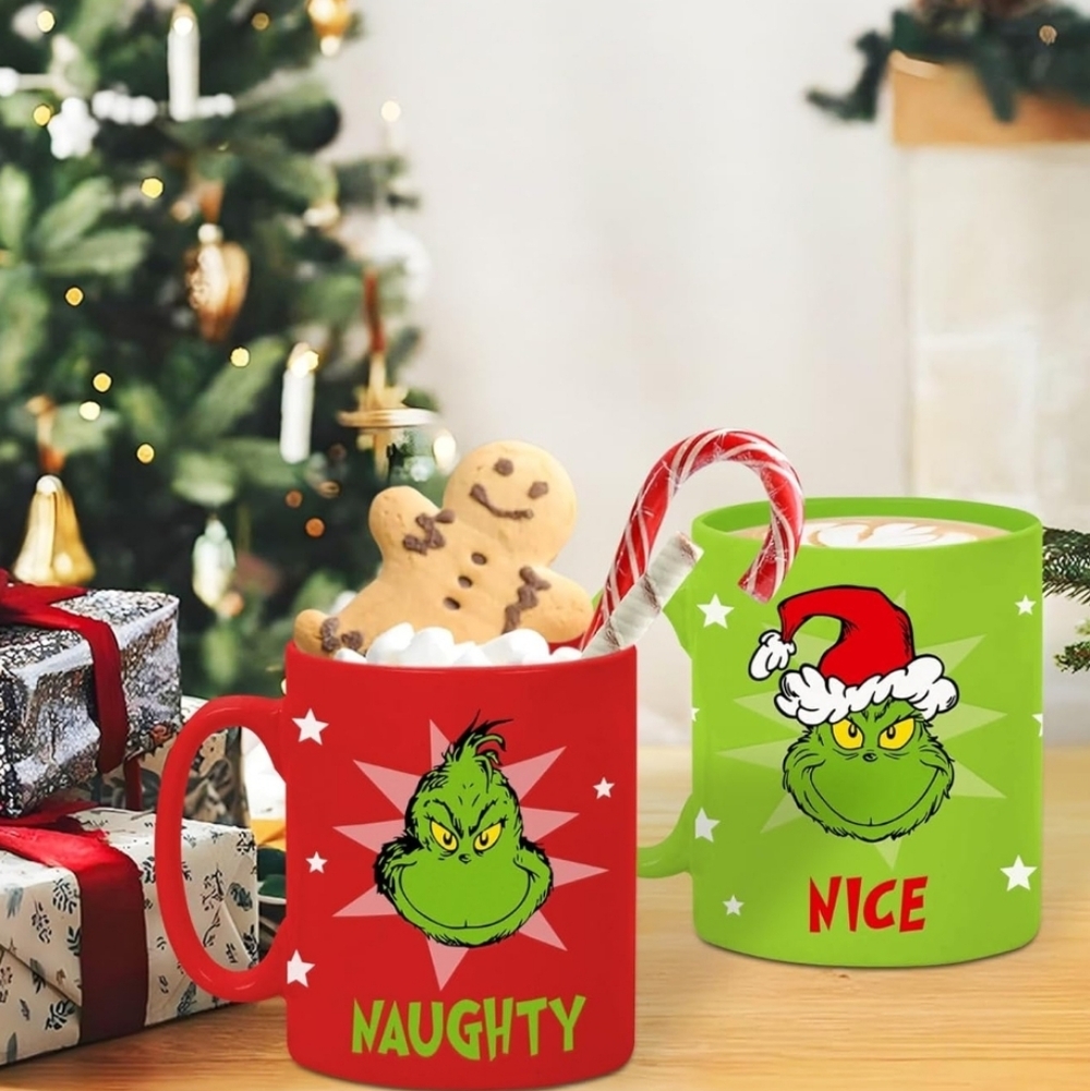 Grinch Naughty & Nice Christmas Mug Set Red‎ & Green Holiday Coffee Festive